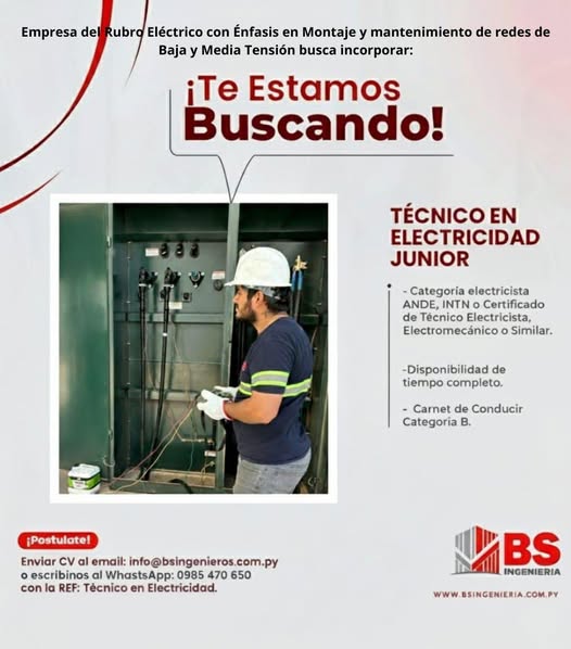 Buscamos Técnico en Electricidad Junior para unirse a BS Ingeniería